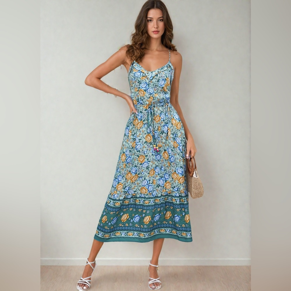 LAST ONE ๐ฅ Boho Floral Print Belted Cami Dress - Picture 1 of 7